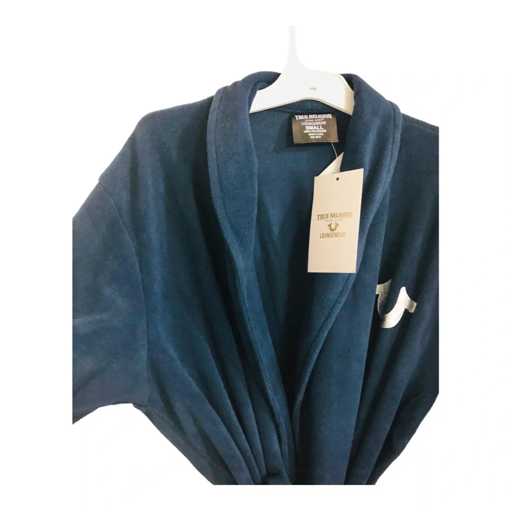 True Religion dark navy blue fleece silver logo lounge bath robe size small new‎